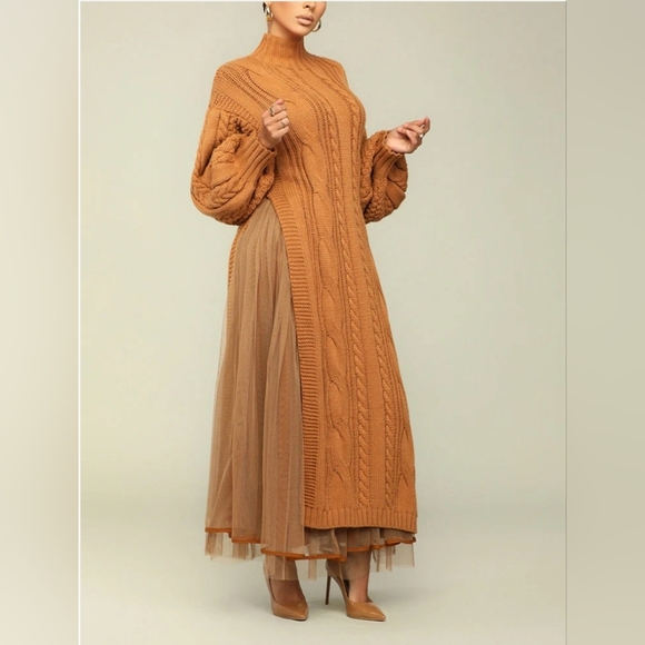 $150 Kelly Obi Chunky Cable Knit Sweater Dress Sz L High Slits Balloon Sleeves - Picture 3 of 9